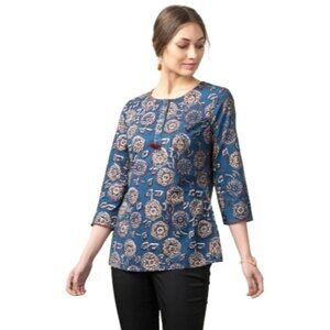 FABINDIA Printed Cotton Collared Tunic Peasant Boho Blouse Blue Size XSmall